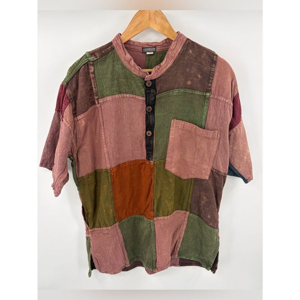 Earthbound Trading Co patchwork earth tone short sleeve camp shirt unisex L